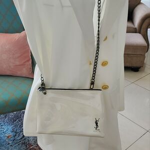 Yves Saint Laurent White Leather Crossbody Bag with Silver Chain